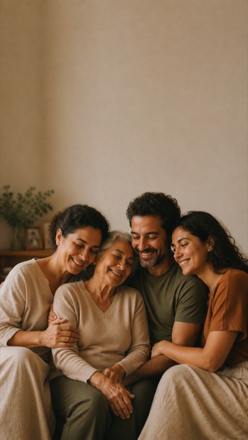 Uma família abraçada em volta da mãe