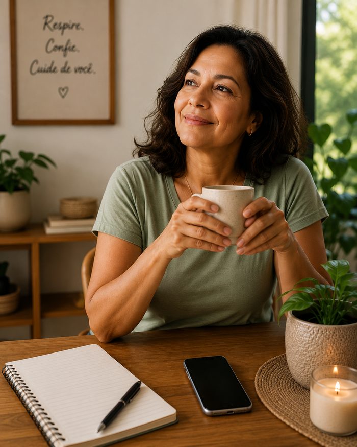 Uma mulher em casa, com uma xícara e um caderno na mesa, sorrindo